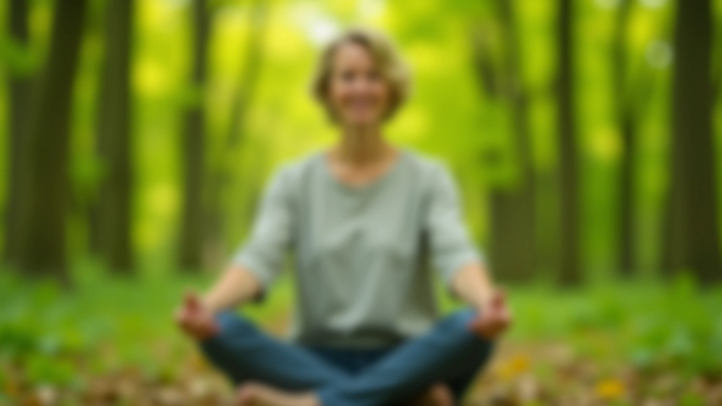 Osoba sedí v meditativní pozici v přírodě, okolí s zeleným stromem a mírným slunečním světlem, klid a vnitřní mír